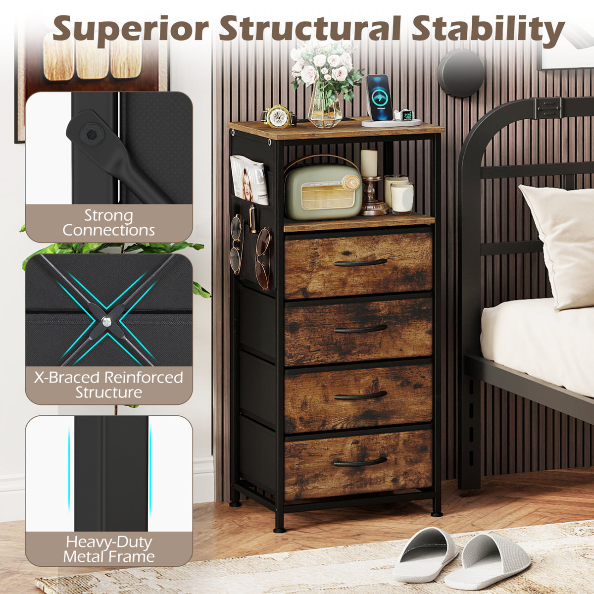 Nightstand with Integrated Charging Station 34" Modern Bedside Table