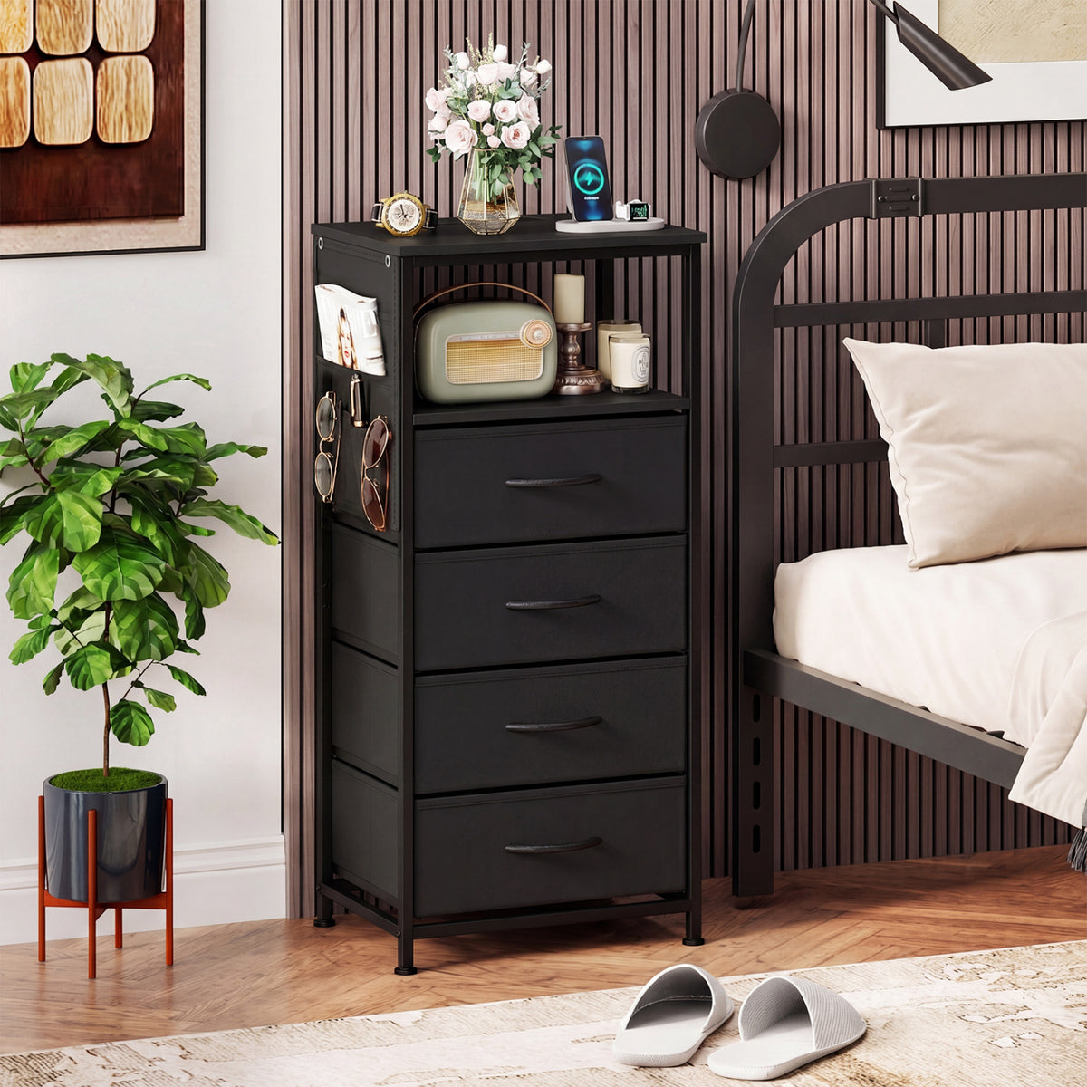 Nightstand with Integrated Charging Station 34" Modern Bedside Table