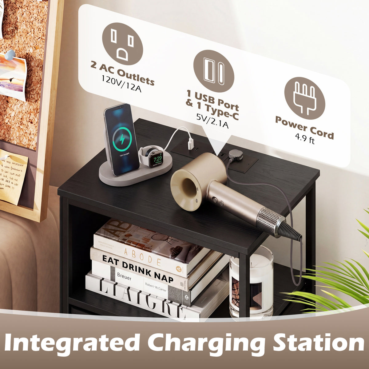 Nightstand with Integrated Charging Station 34" Modern Bedside Table