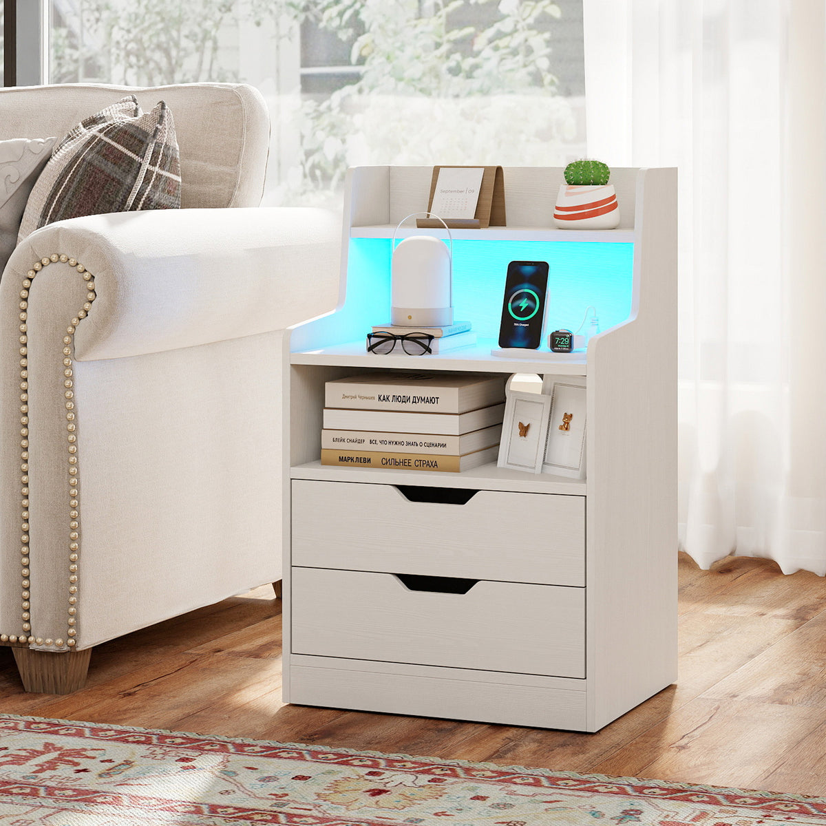 Nightstand with LED Light and Charging Station for Living Room Bedroom