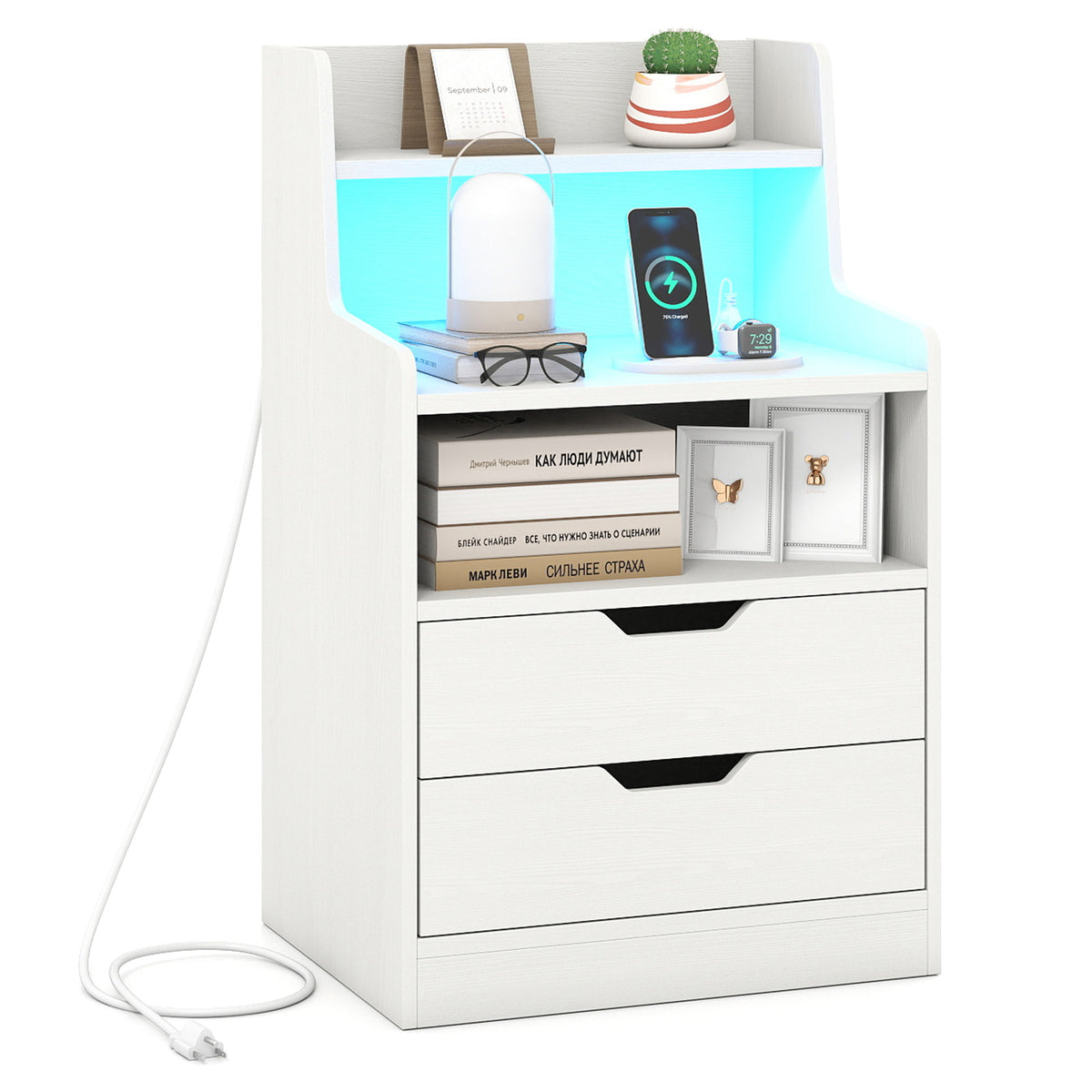 Nightstand with LED Light and Charging Station for Living Room Bedroom
