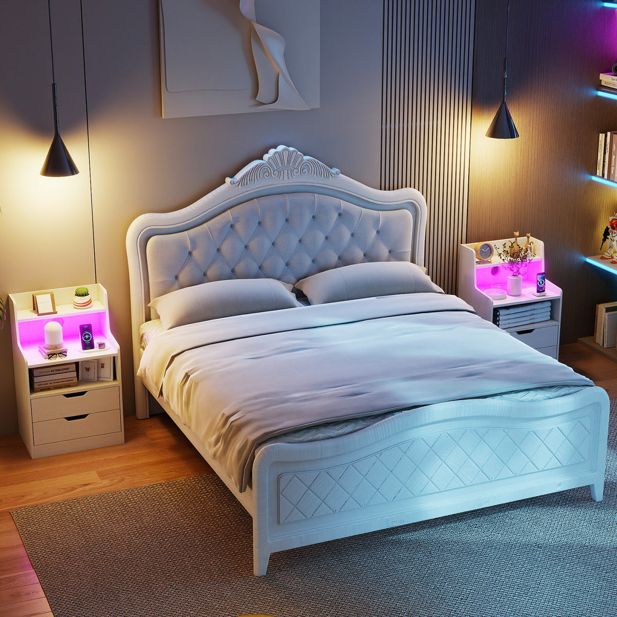 Nightstand with LED Light and Charging Station for Living Room Bedroom