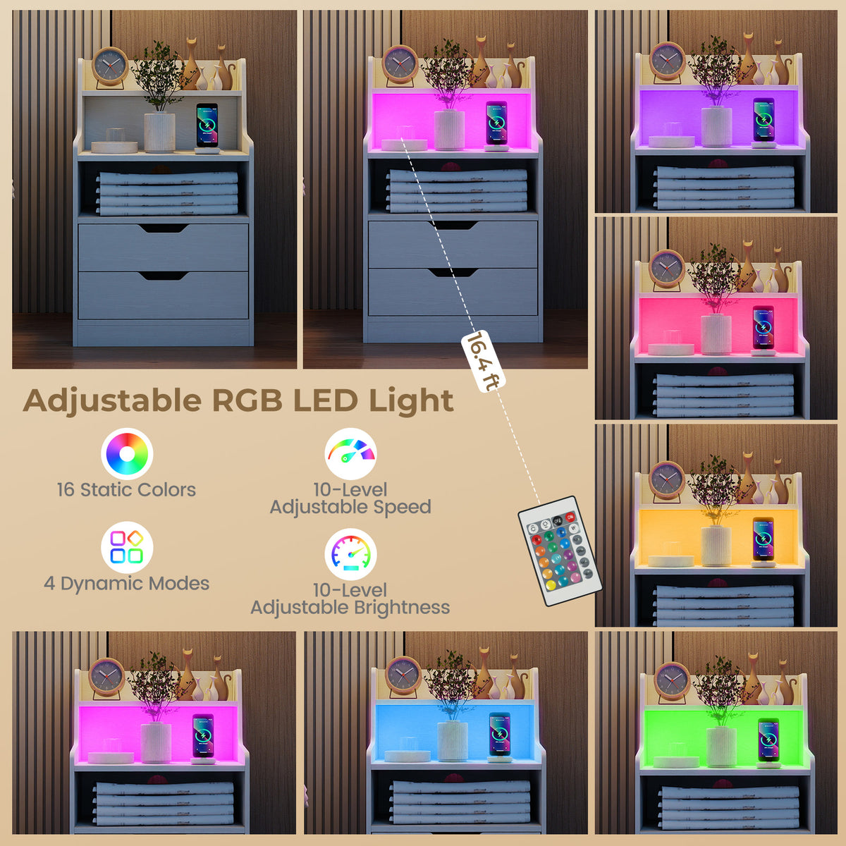 Nightstand with LED Light and Charging Station for Living Room Bedroom
