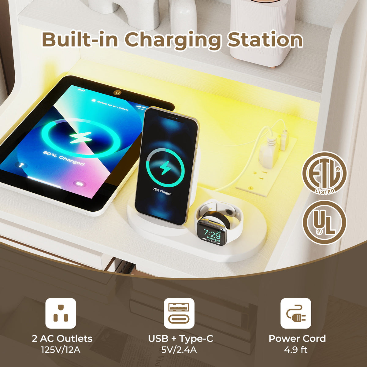 Nightstand with LED Light and Charging Station for Living Room Bedroom