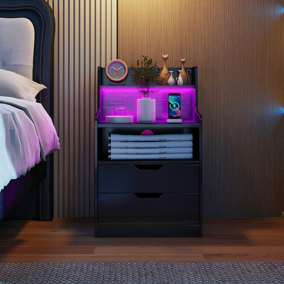 Nightstand with LED Light and Charging Station for Living Room Bedroom
