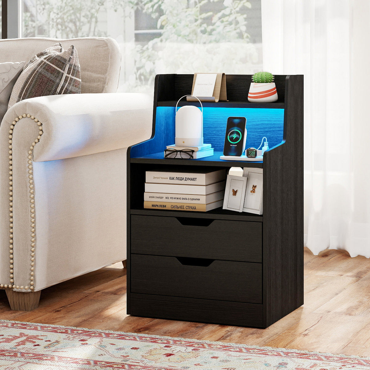 Nightstand with LED Light and Charging Station for Living Room Bedroom