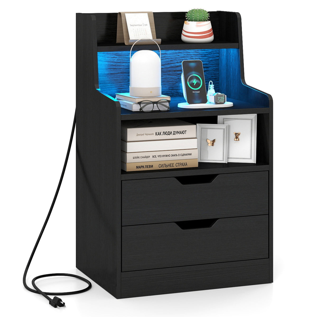 Nightstand with LED Light and Charging Station for Living Room Bedroom