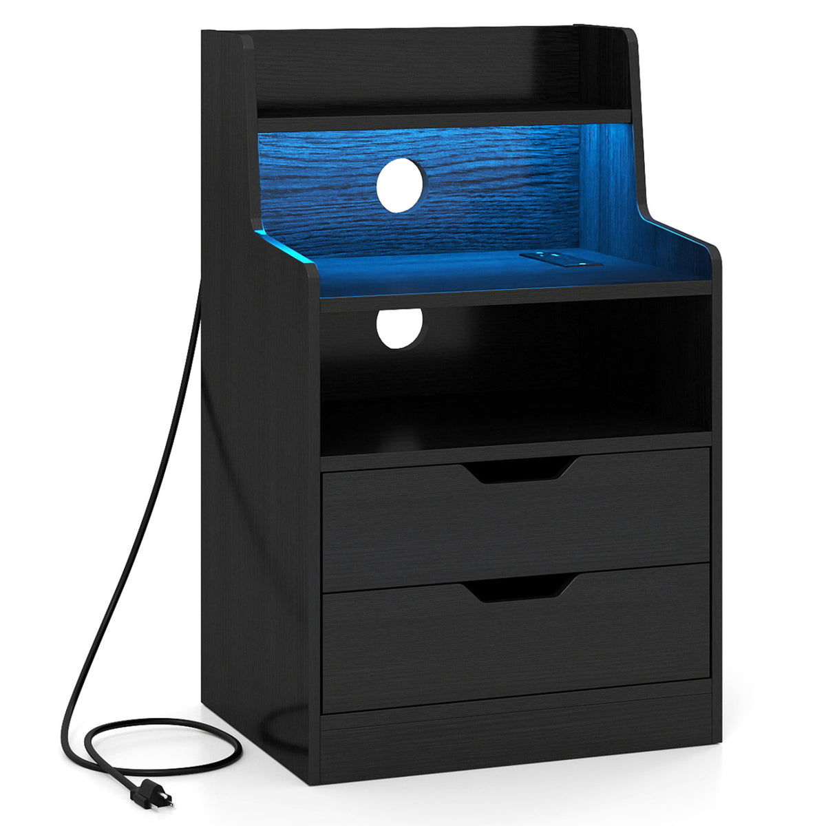 Nightstand with LED Light and Charging Station for Living Room Bedroom
