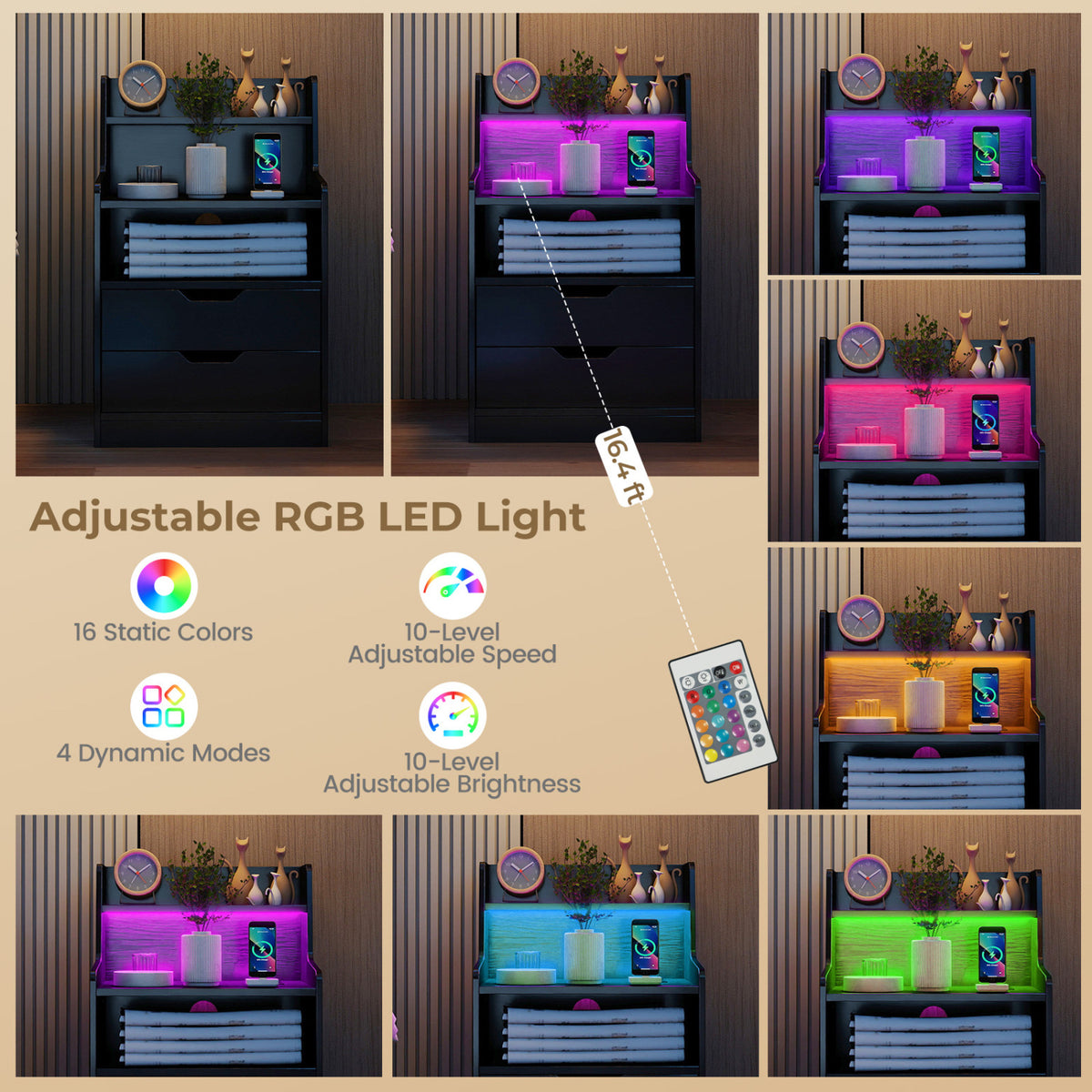Nightstand with LED Light and Charging Station for Living Room Bedroom