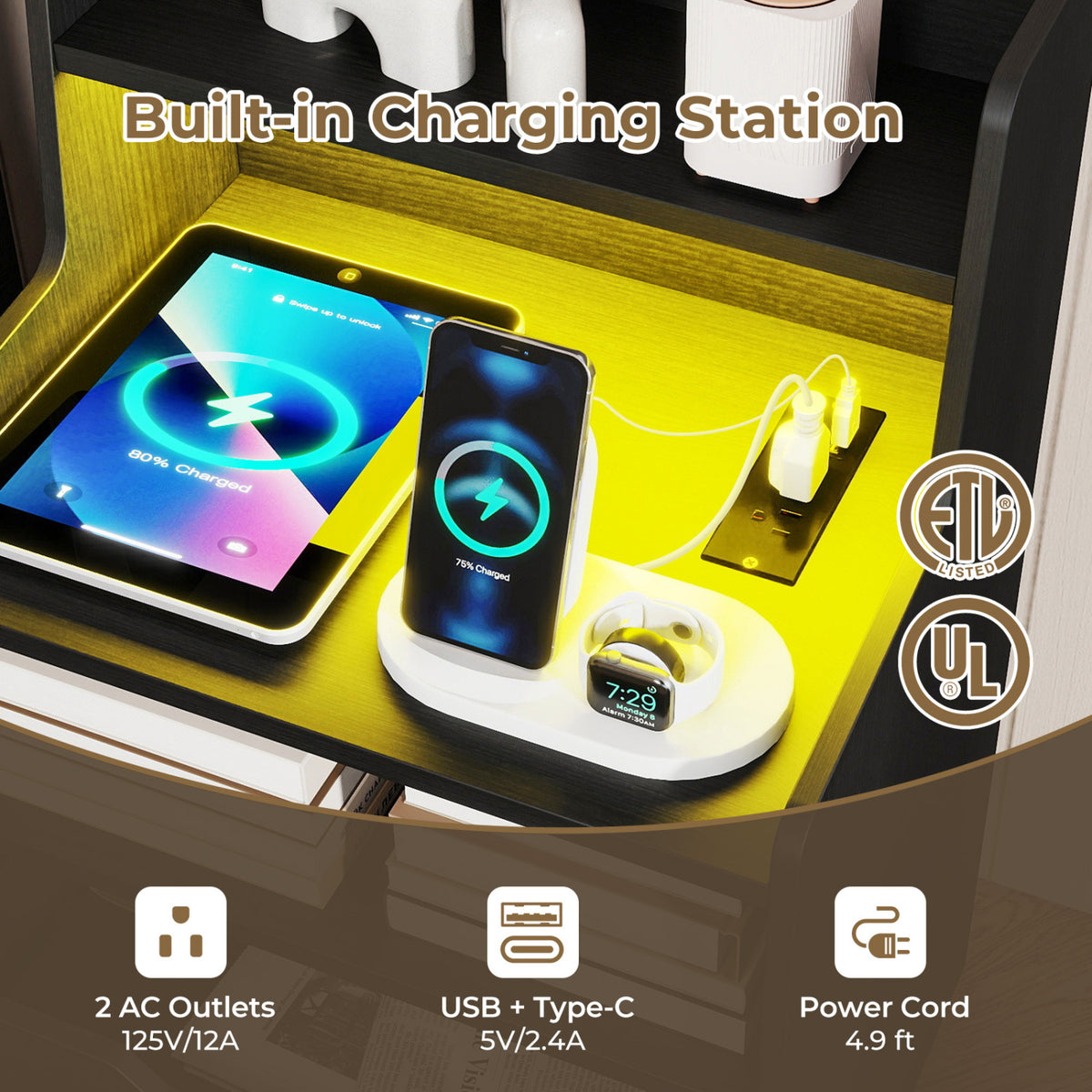 Nightstand with LED Light and Charging Station for Living Room Bedroom