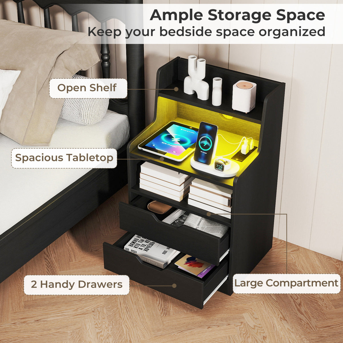 Nightstand with LED Light and Charging Station for Living Room Bedroom
