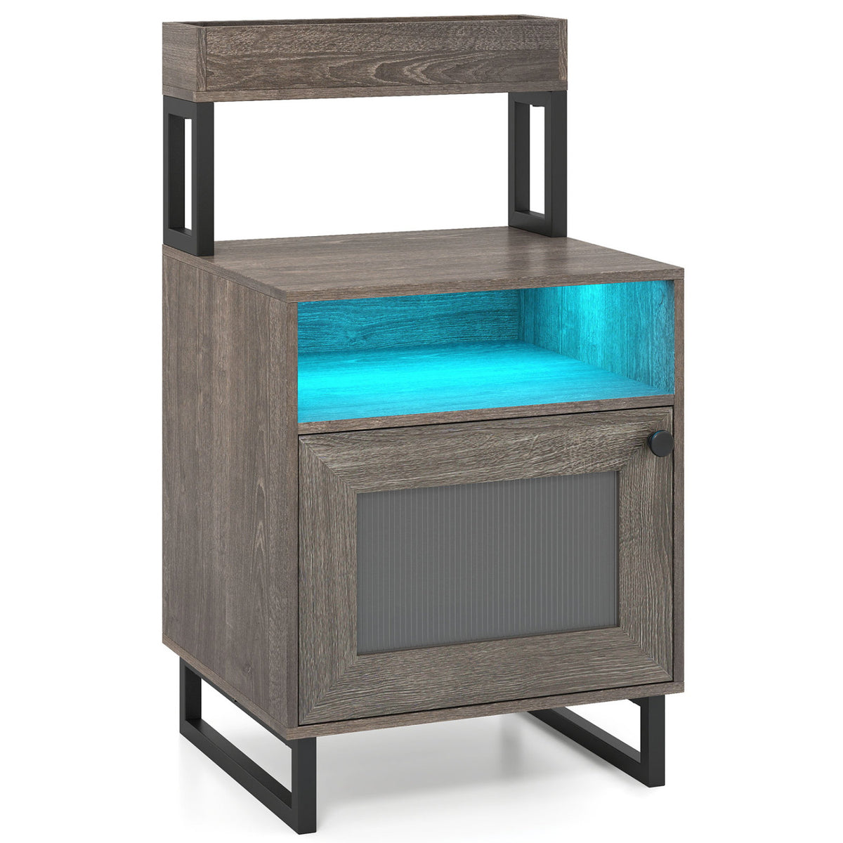 Nightstand with LED Lights Modern End Table with Top Tray Open Compartment and Storage Cabinet