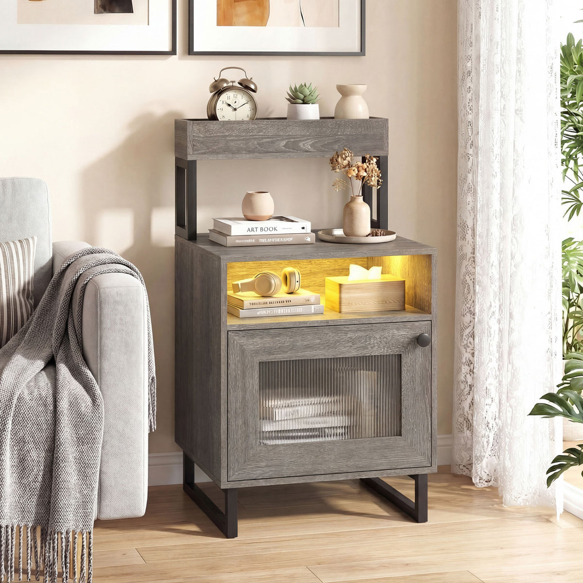 Nightstand with LED Lights Modern End Table with Top Tray Open Compartment and Storage Cabinet
