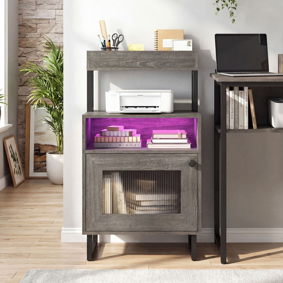 Nightstand with LED Lights Modern End Table with Top Tray Open Compartment and Storage Cabinet
