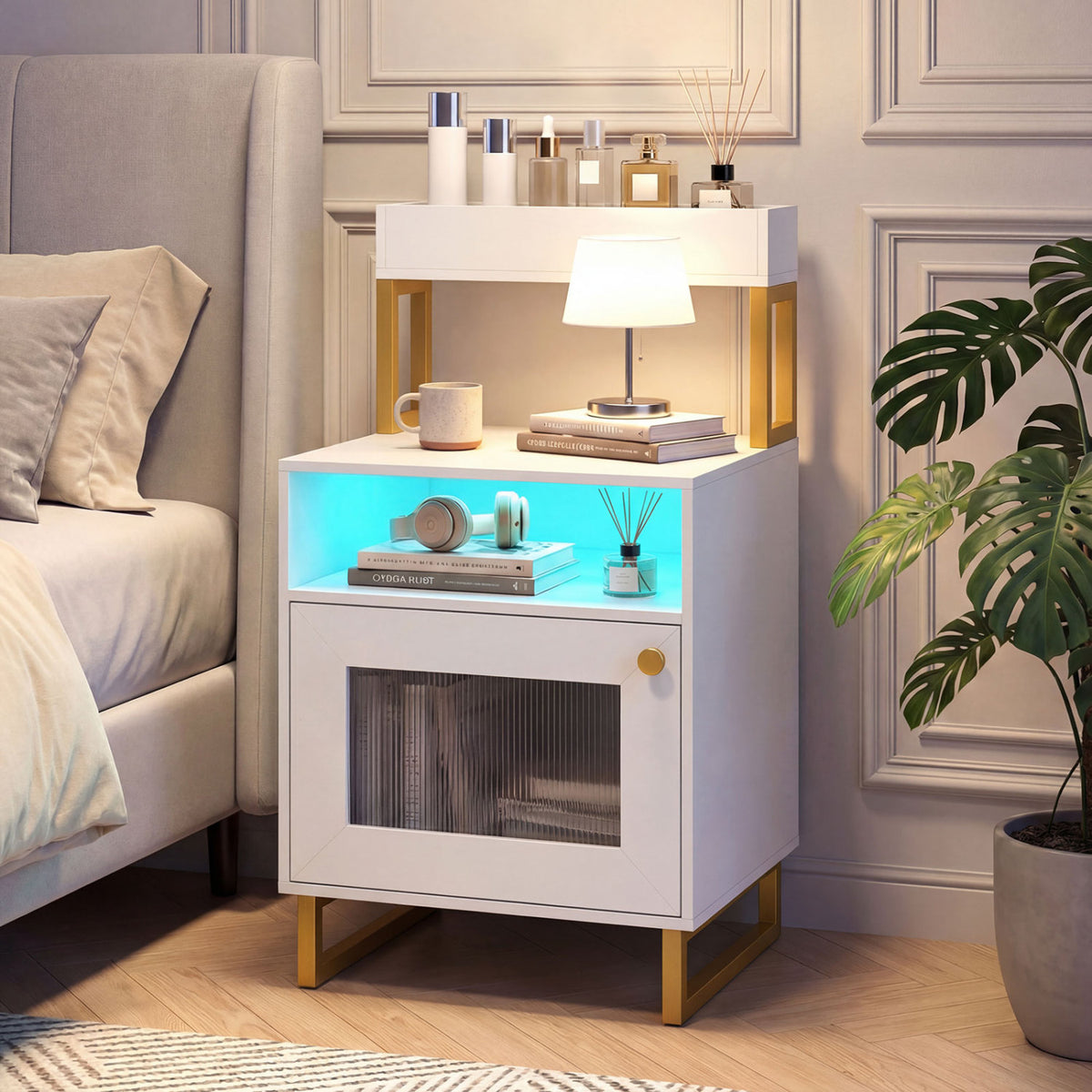 Nightstand with LED Lights Modern End Table with Top Tray Open Compartment and Storage Cabinet