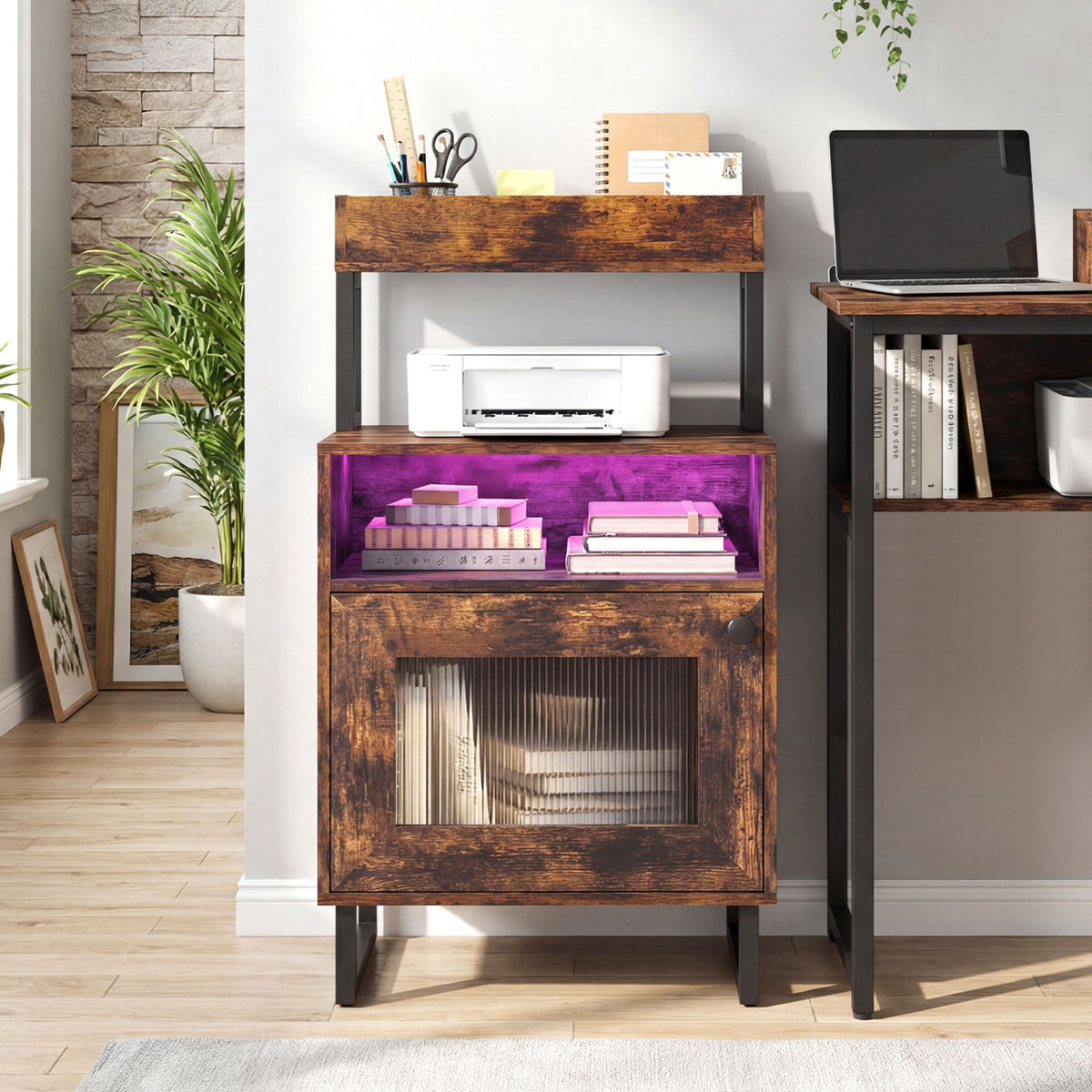 Nightstand with LED Lights Modern End Table with Top Tray Open Compartment and Storage Cabinet