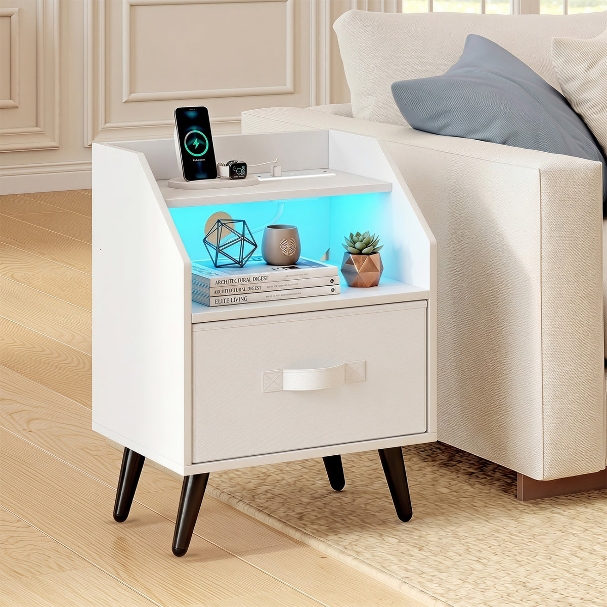 Nightstand with Power Outlets and Open Storage Shelf