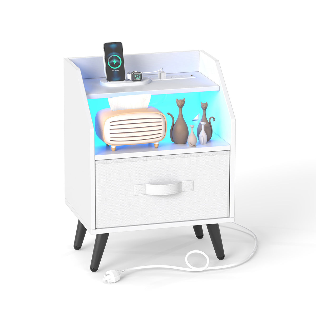 Nightstand with Power Outlets and Open Storage Shelf