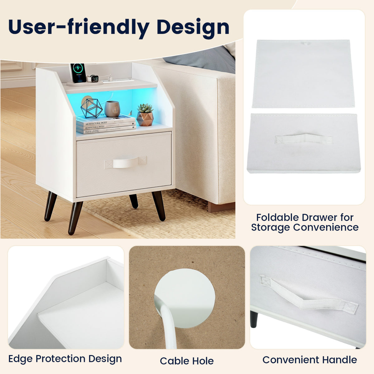 Nightstand with Power Outlets and Open Storage Shelf