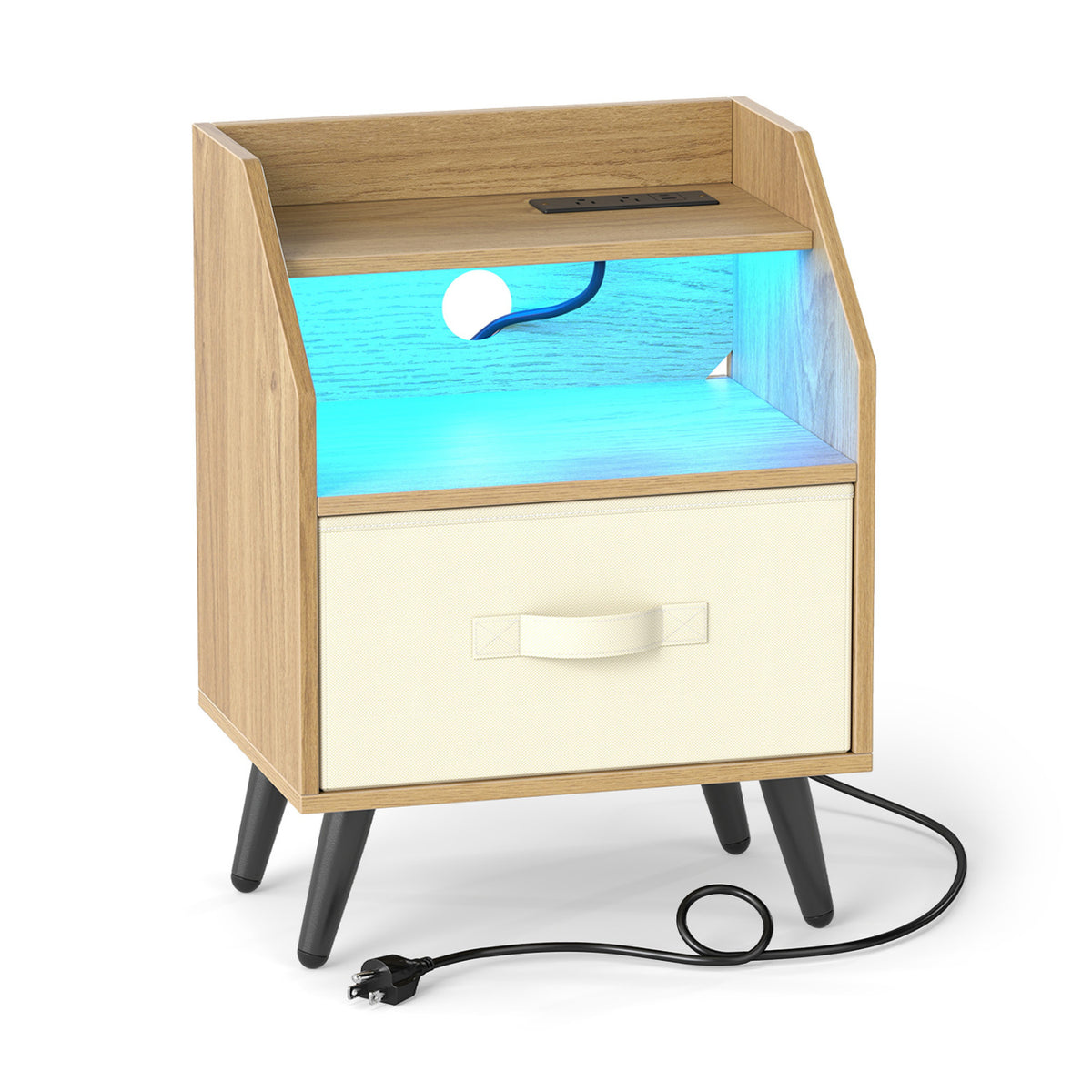 Nightstand with Power Outlets and Open Storage Shelf