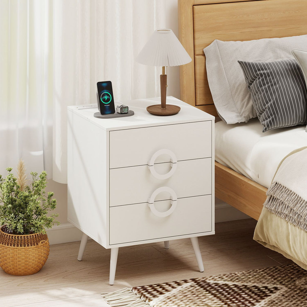 Nightstand with Power Outlets and 3 Drawers Modern Bedside Table with Cable Hole