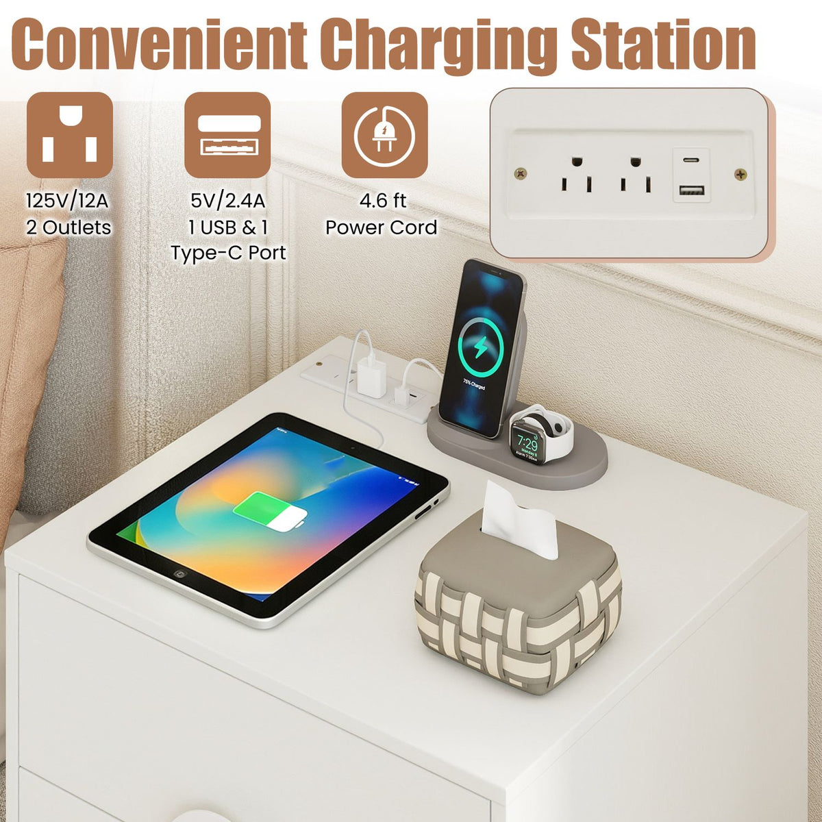 Nightstand with Power Outlets and 3 Drawers Modern Bedside Table with Cable Hole