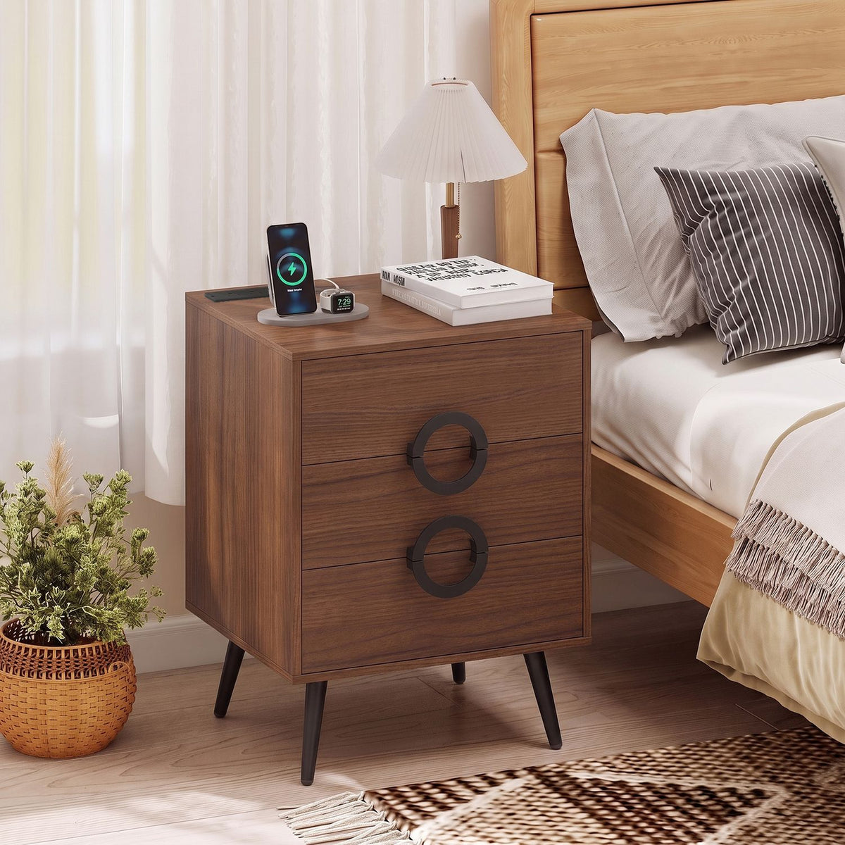 Nightstand with Power Outlets and 3 Drawers Modern Bedside Table with Cable Hole