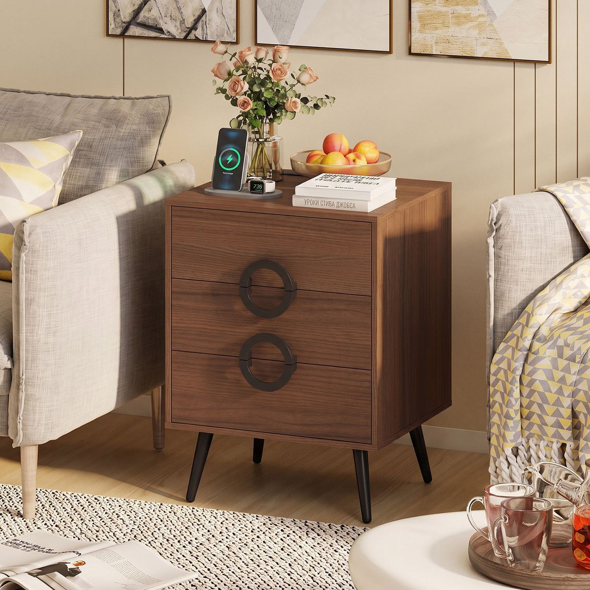 Nightstand with Power Outlets and 3 Drawers Modern Bedside Table with Cable Hole