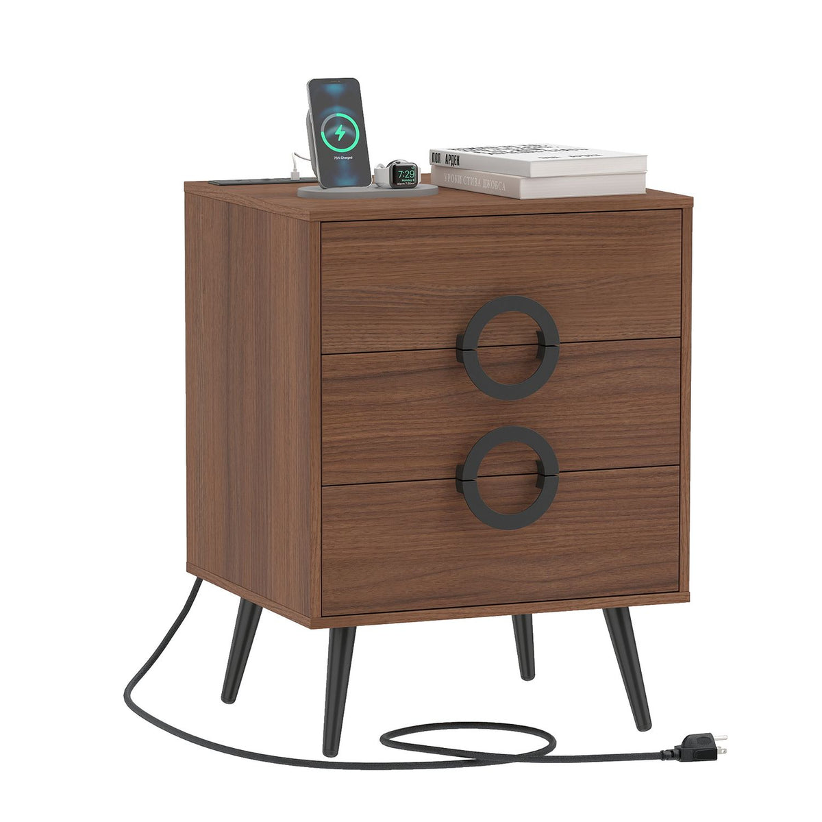 Nightstand with Power Outlets and 3 Drawers Modern Bedside Table with Cable Hole