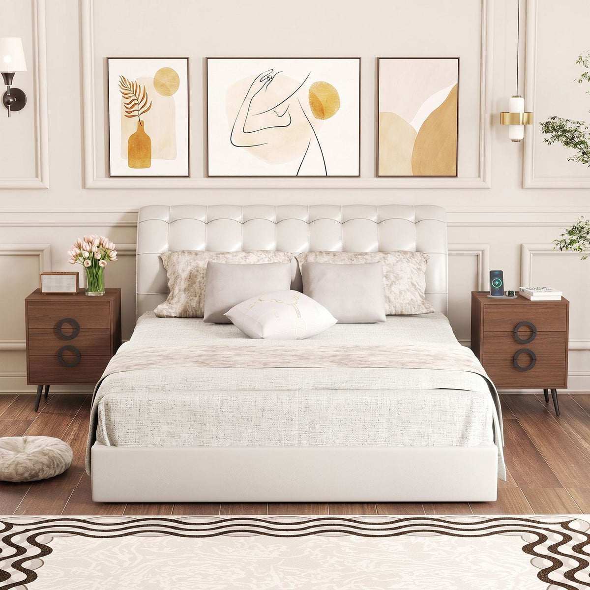 Nightstand with Power Outlets and 3 Drawers Modern Bedside Table with Cable Hole