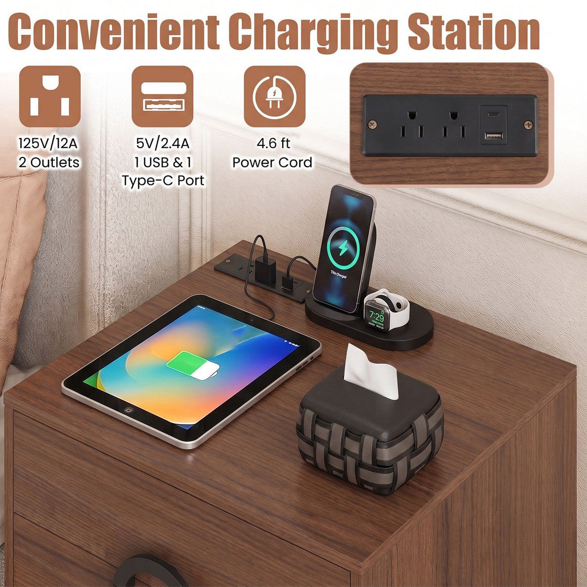 Nightstand with Power Outlets and 3 Drawers Modern Bedside Table with Cable Hole