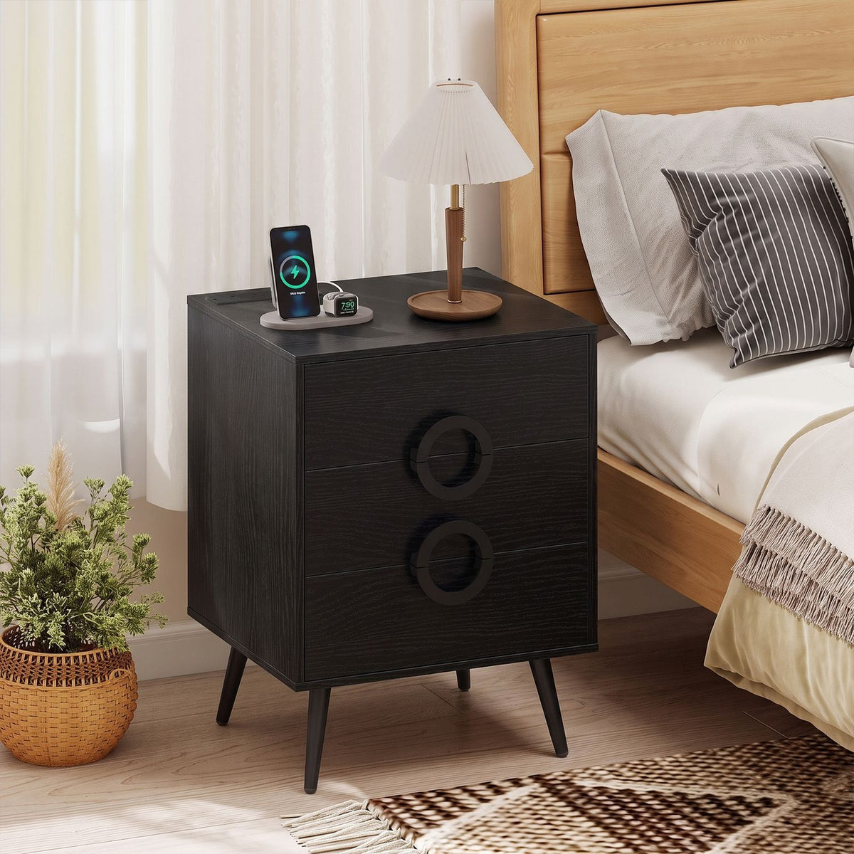 Nightstand with Power Outlets and 3 Drawers Modern Bedside Table with Cable Hole