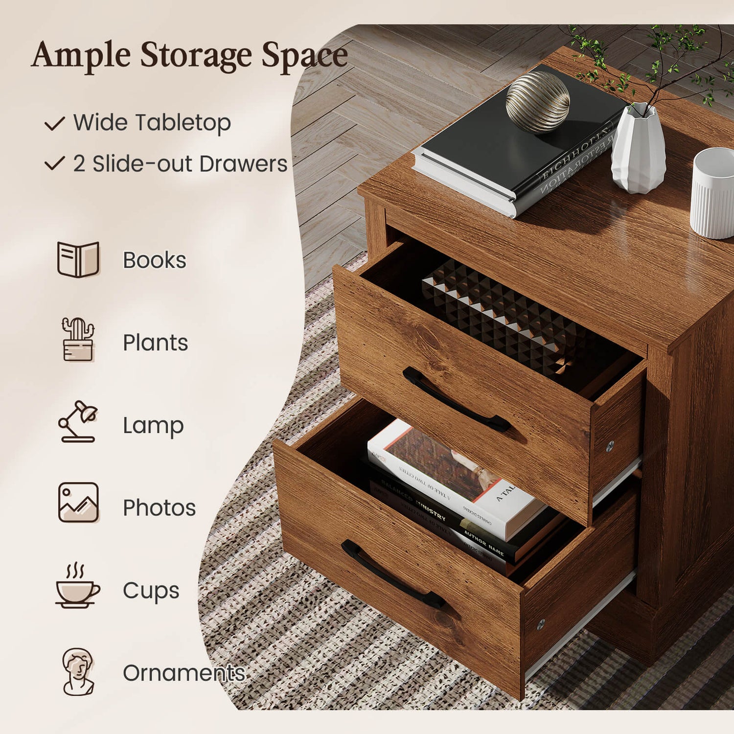 Wood Compact Floor Nightstand with Storage Drawers