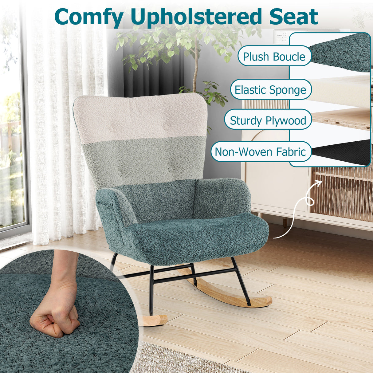 Nursery Rocking Chair with Ergonomic Armrests and High Backrest