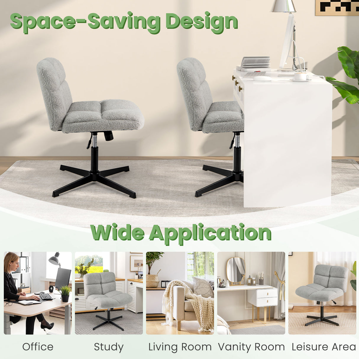 Office Armless Chair Cross Legged with Imitation Lamb Fleece and Adjustable Height