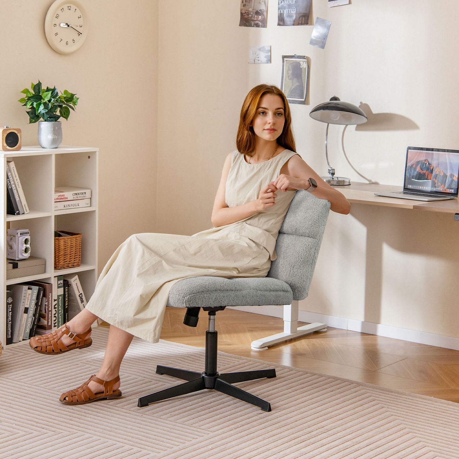 Office Armless Chair Cross Legged with Imitation Lamb Fleece and Adjustable Height