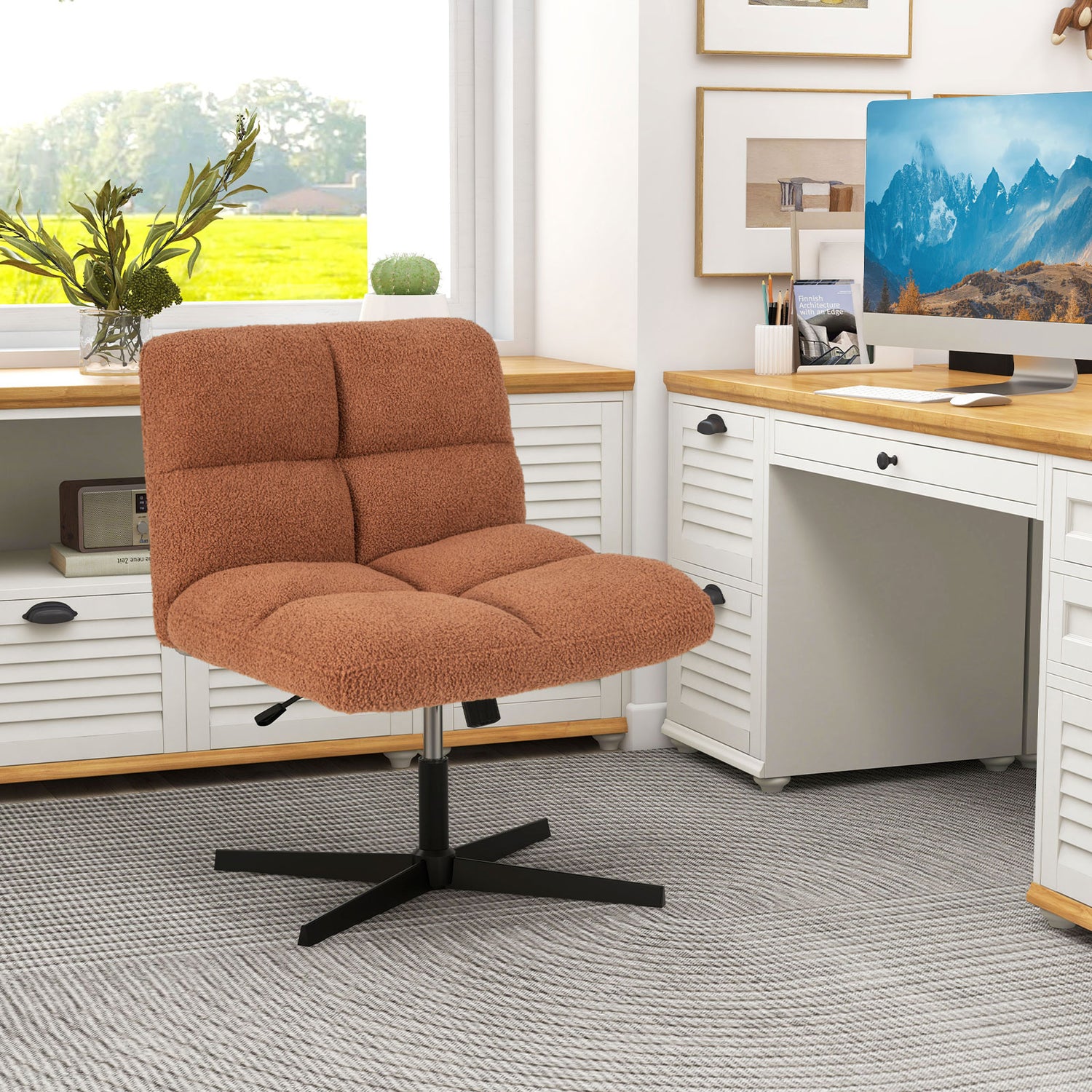 Office Armless Chair Cross Legged with Imitation Lamb Fleece and Adjustable Height