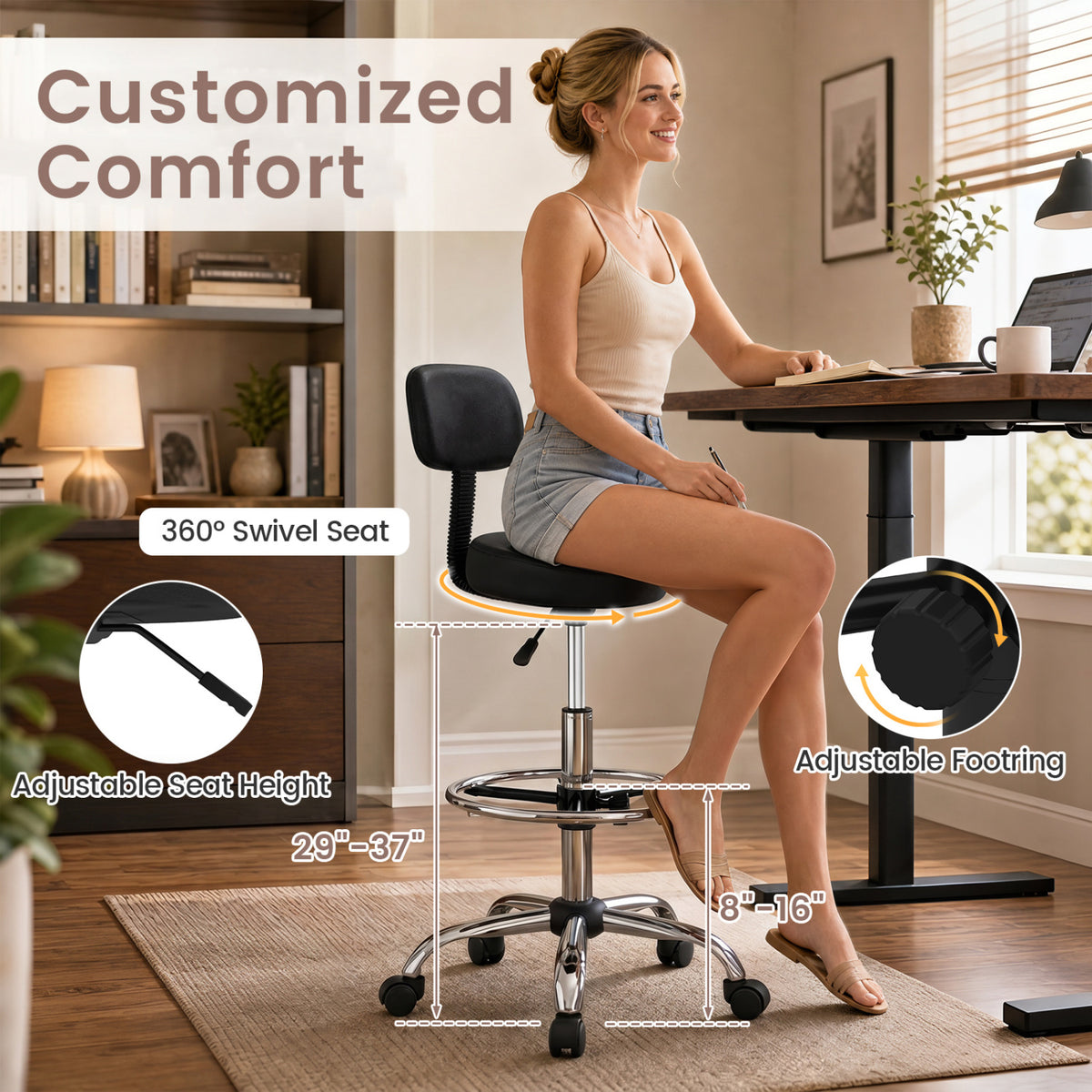 Office Drafting Chair with Back & Adjustable Footring and Wheels for Desk