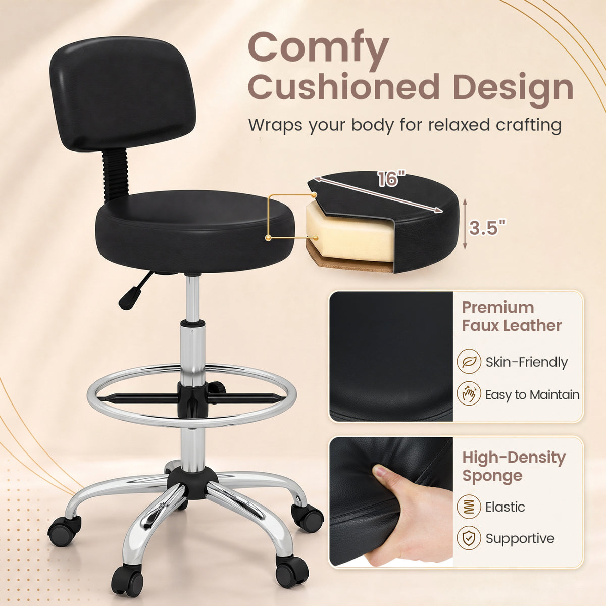 Office Drafting Chair with Back & Adjustable Footring and Wheels for Desk