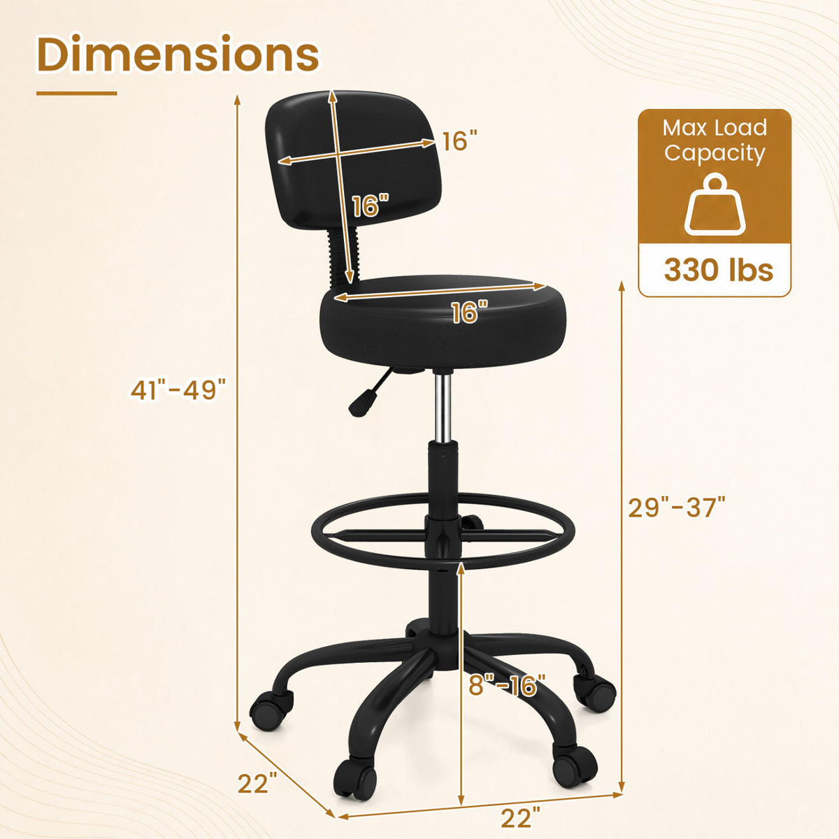 Office Drafting Chair with Back & Adjustable Footring and Wheels for Desk
