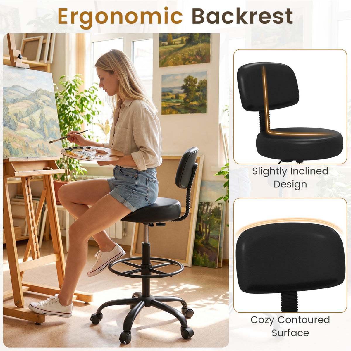 Office Drafting Chair with Back & Adjustable Footring and Wheels for Desk