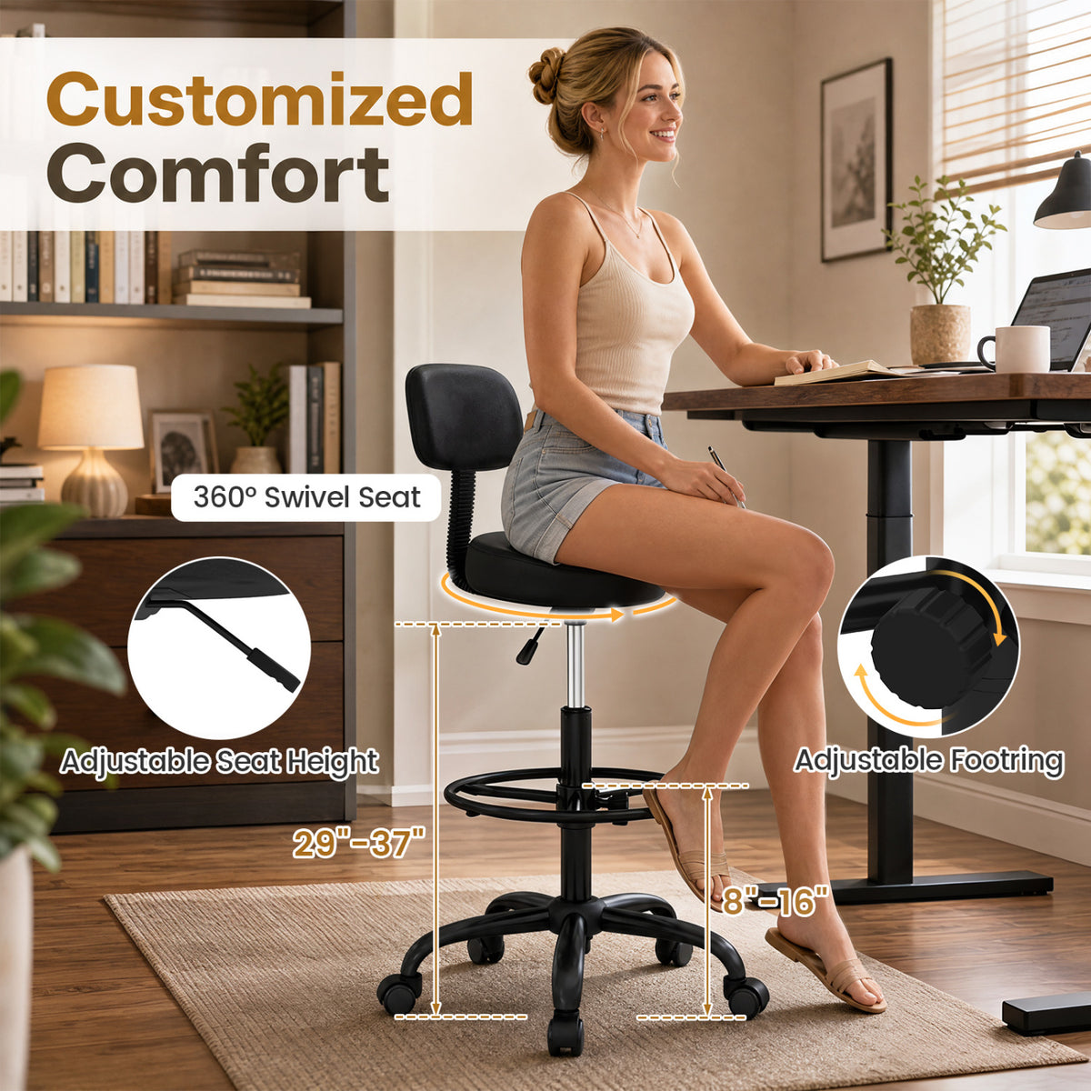 Office Drafting Chair with Back & Adjustable Footring and Wheels for Desk