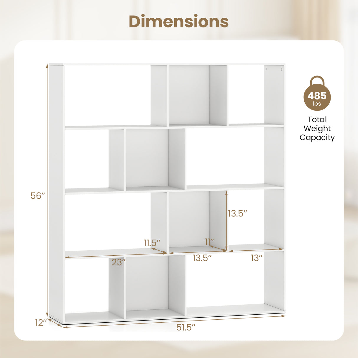 Open Shelf Bookcase 4-Tier Modern Bookshelf with 12 Storage Compartments-White