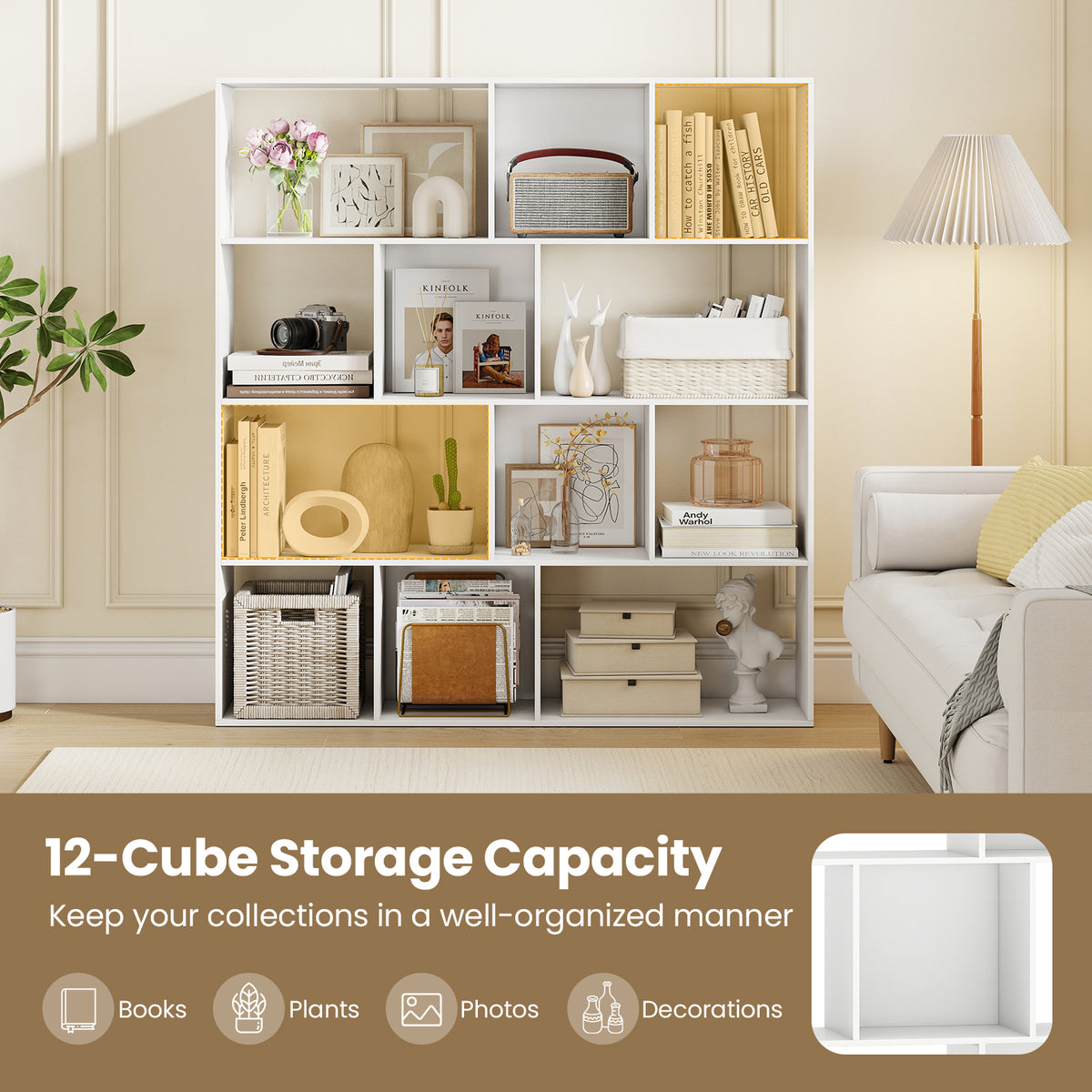 Open Shelf Bookcase 4-Tier Modern Bookshelf with 12 Storage Compartments-White