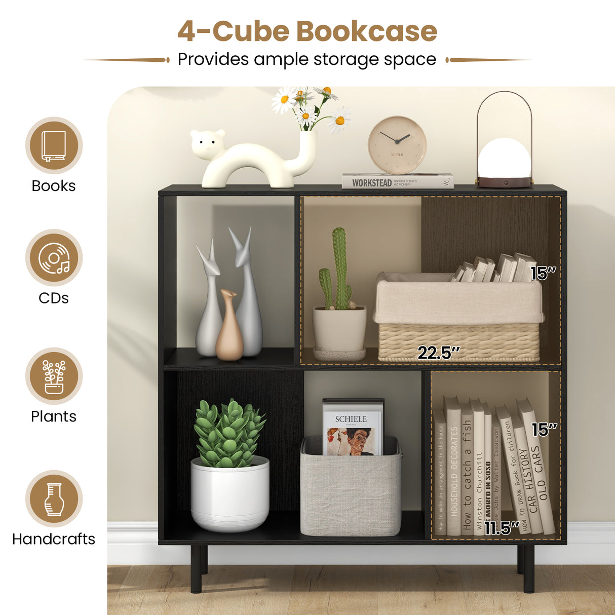 Open Shelf Bookcase with 4 Compartments