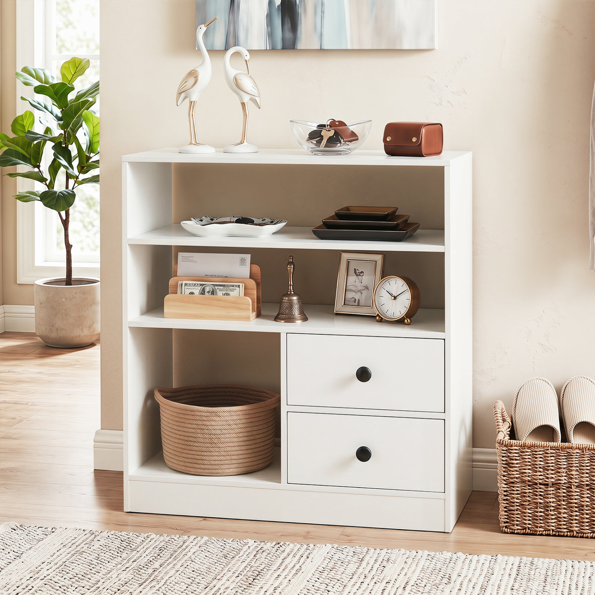 Open Storage Cabinet with 3 Open Compartments and 2 Drawer