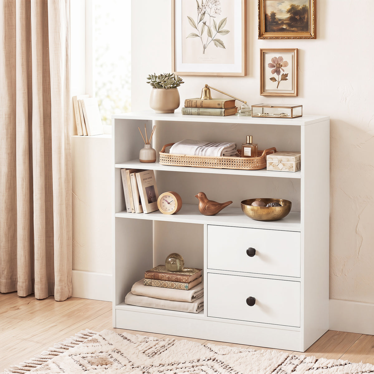 Open Storage Cabinet with 3 Open Compartments and 2 Drawer