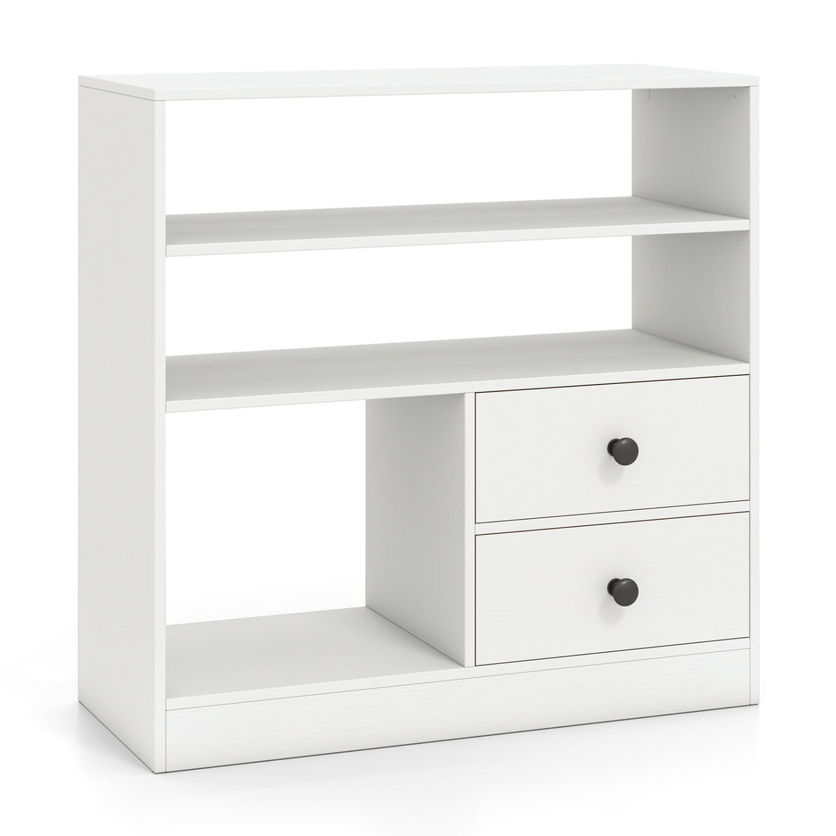 Open Storage Cabinet with 3 Open Compartments and 2 Drawer