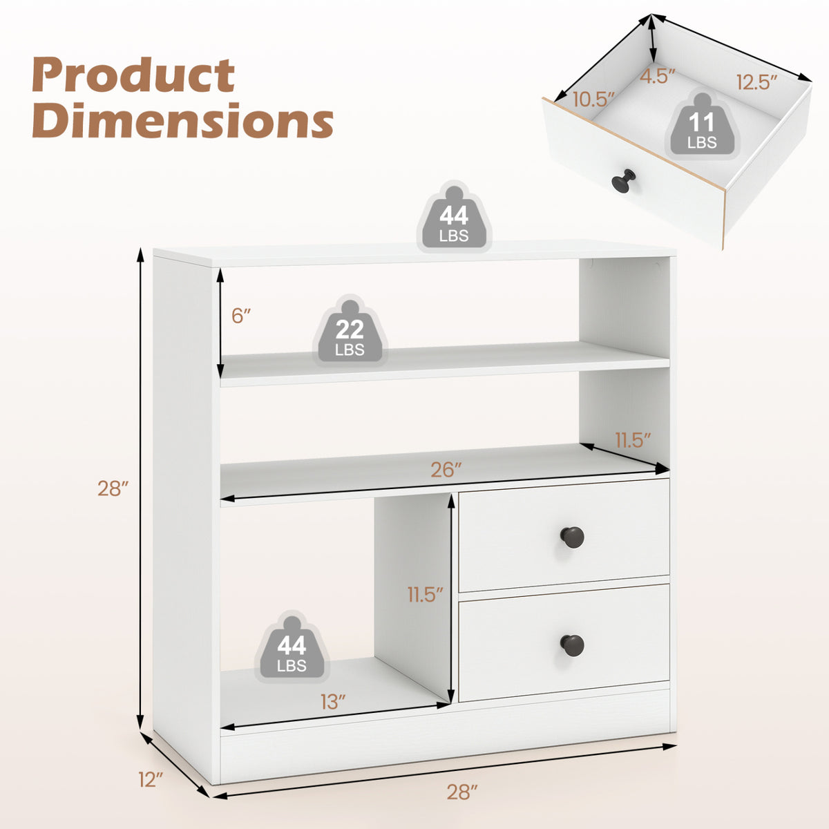 Open Storage Cabinet with 3 Open Compartments and 2 Drawer