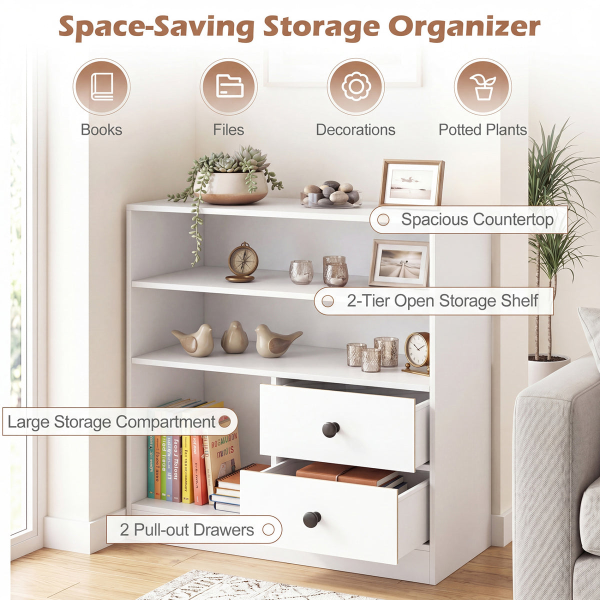 Open Storage Cabinet with 3 Open Compartments and 2 Drawer